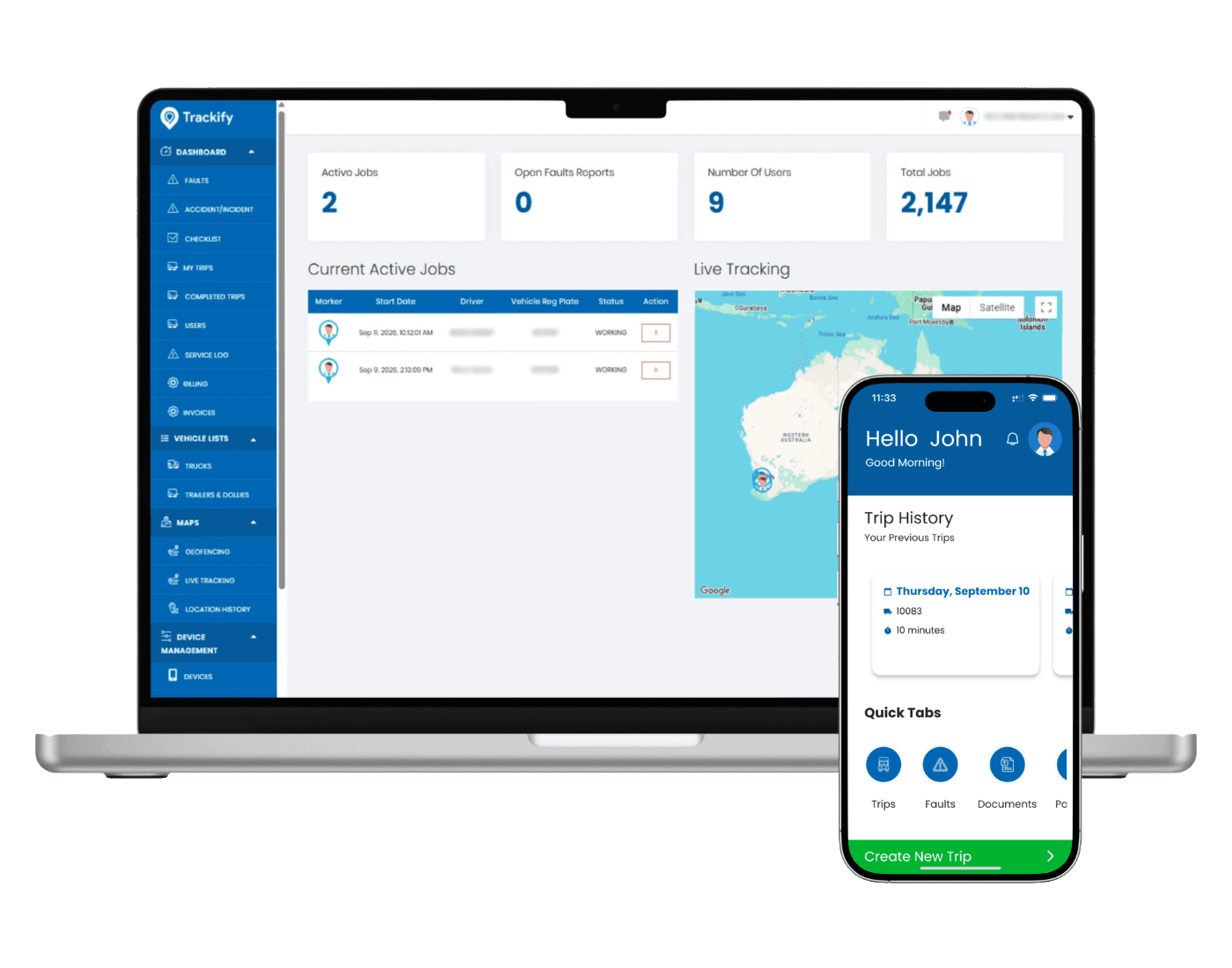 Trackify fleet management dashboard displayed on a laptop with the driver app on a mobile phone