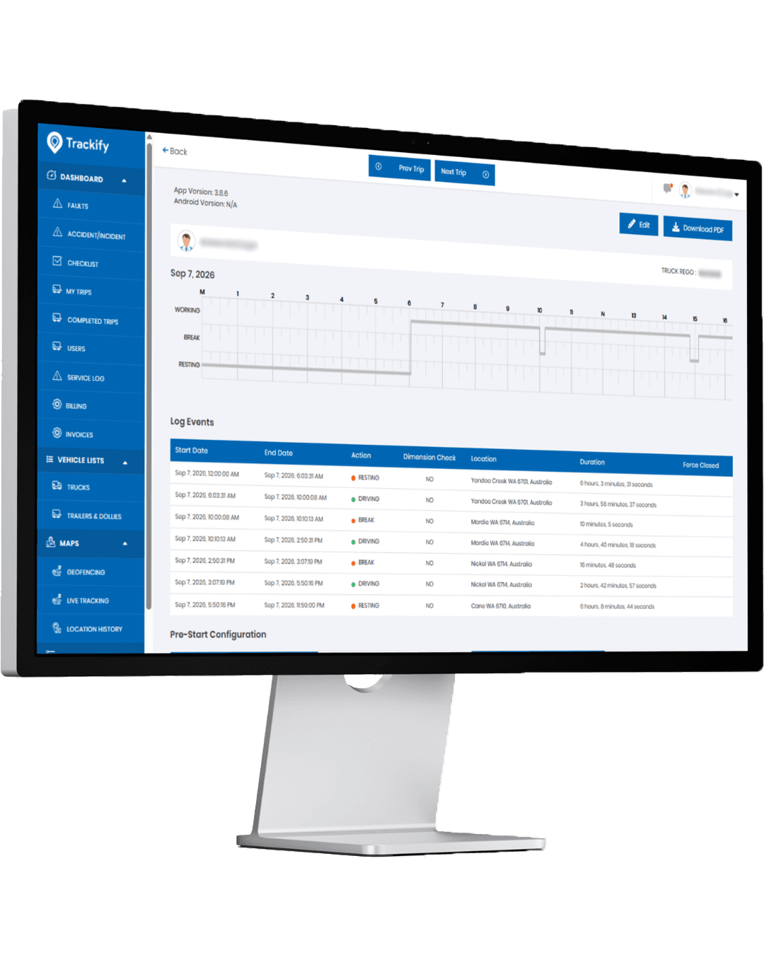 Trackify web dashboard showing a fleet work diary